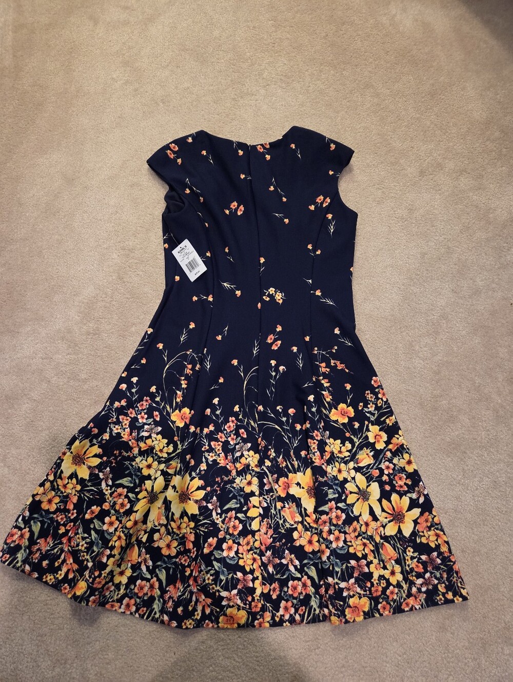 Navy Floral Fit & Flare Dress with Yellow Orange Blooms - Picture 5 of 5